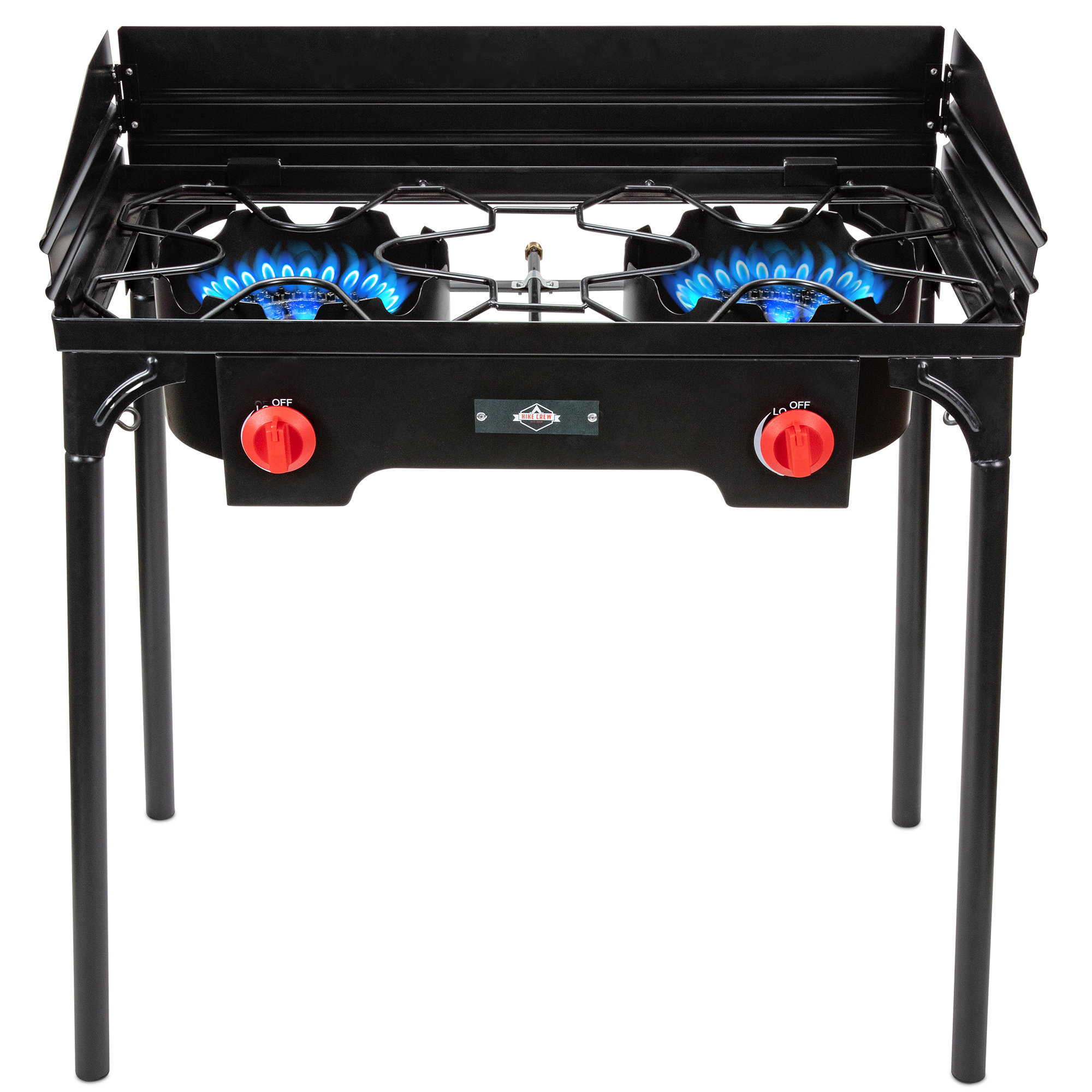 Hike Crew Cast Iron Double burner Outdoor Gas Stove 150 000 Btu Portable Propane powered Cooktop With Removable Legs Temperature Control Knobs Wind Panels Hose Regulator Storage Carry Case Reviews Way...